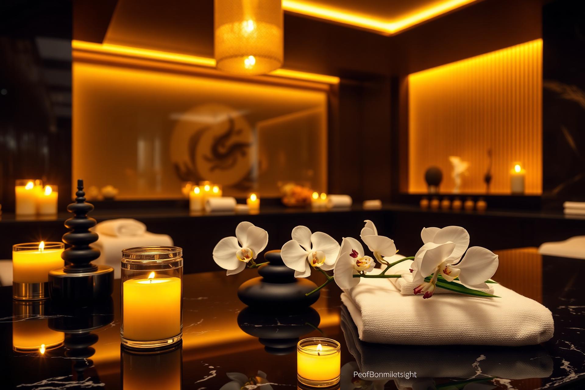 Luxury spa interior with candles and orchids